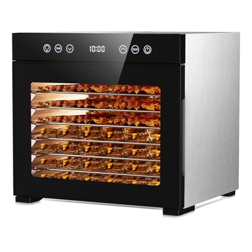 Food Dehydrator Machine, Powerful Food Dryer with 8 Stainless Steel Trays, Adjustable Temperature up to 167°F & 48-Hour Timer for Jerky, Fruits, Herbs - Includes Mesh Tray, Drip Tray & Recipe Guide