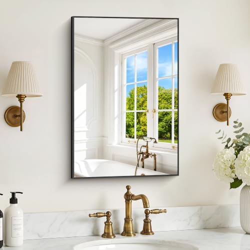 Image of DESBING 16 inch x 24 inch Bathroom Mirror, Black Metal Frame Wall Mirror | HD Image,Shatterproof Decorative Rectangular Vanity Mirror for Bedroom Bathroom Living Room Entryway Horizontal or Vertical