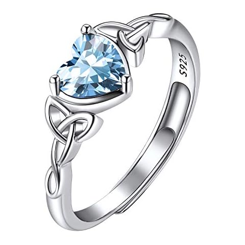 March Birthstone Rings for Women Sterling Silver, Women's Statement Rings, Adjustable Engagement Solitaire Rings, Celtic Knot Heart Shaped Aquamarine Crystal Rings Cover