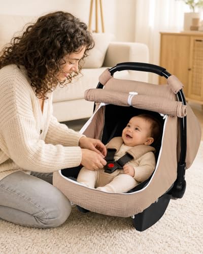 Image of DILIMI Car Seat Covers for Babies, Muslin Cotton Baby Car Seat Cover with Breathable Mesh Window, Summer Infant Car Seat Canopy for Boys Girls Newborn, Gray Taupe