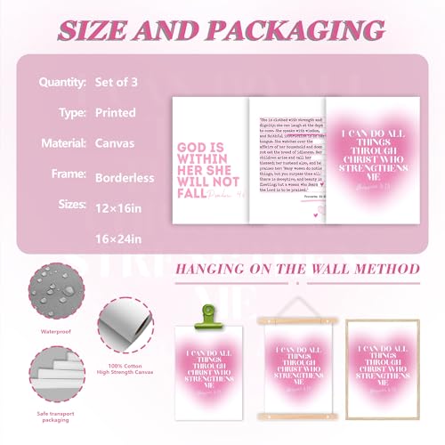 3pcs Pink Bible Verses Wall Art Christian Aesthetic Wall Decor Pictures Preppy Inspirational Scripture Quote Canvas Posters Prints for Girly Bedroom Preppy Religious Decor 16x24in Unframed by OWTXPXRY - Used condition - Image 2