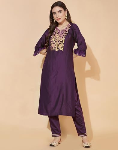 Image of SKYLEE Silk Blend Embroidery Straight Kurta Set with Dupatta