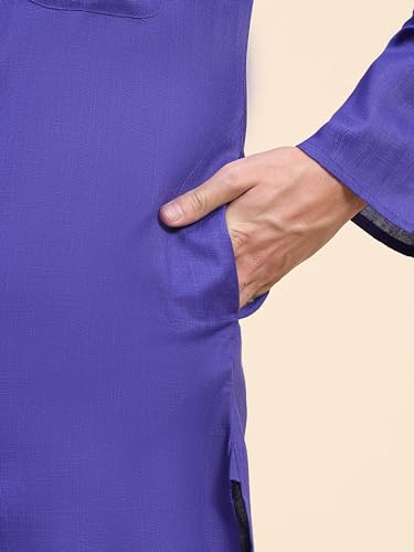 SKAVIJ Herren Tunika Baumwolle Sommer Kurta Pyjama Set Indisches Outfit (Blau, L)