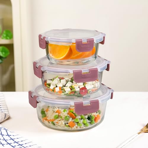 Image of Nestasia Nestro Airtight Glass Containers with Lid Set of 3 (400ml, 600ml, 950ml) | Spill Proof Round Glass Containers with Break Free Lock - Microwave, Dishwasher & Freezer Safe (Mauve)