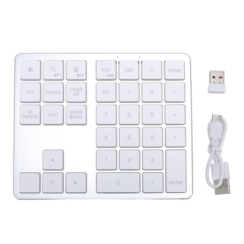 Vikye Cordless Number Pads, 35 Keys Portable Rechargeable Numeric Keypad, Universal Dual Mode Numpad Fit for Laptop, PC, Desktop (Silver White)