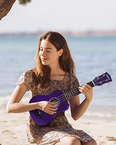 Image of Donner Soprano Ukulele for Beginners 21 Inch Ukelele Starter Bundle Kit with Free Online Lessons Bag Strap String Tuner Picks Cloth Ukalalee Yukalalee (Purple)