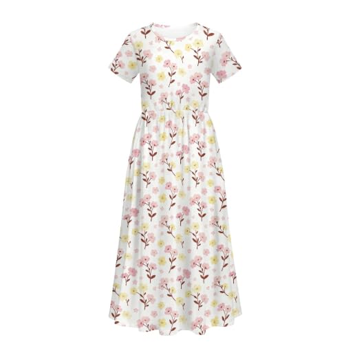 Vestido de rosa roja para niñas ropa casual de verano con estampado floral rosa edad 11-12