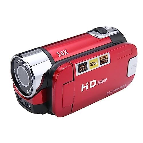Digital Video Camera, Full HD 1080P Camcorder with 16x Zoom, 16MP, 3-inch Screen, Night Vision, Anti-Shake, 270 Degree Rotation, 32GB Storage, Red,...