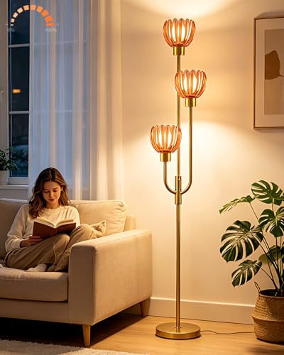 Image of Lightdot 3-Lights Modern Glass Floor Lamp Gold Dimmable Floor Lamps with 3000K Warm White Bulbs for Wedding Party 66IN Tall Standing Lamp with Deep Red Glass Shade for Living Room /Bedroom /Home Decor