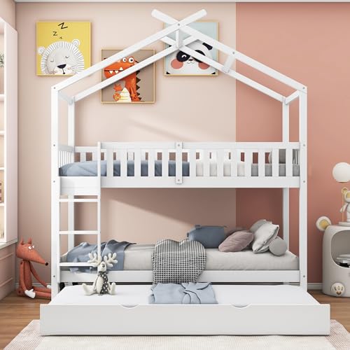 Moimhear Letto per bambini House bed 90x200cm, letto per ragazzi, tre letti, Allungabile, Design salvaspazio, Bianco