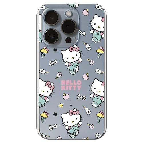 Personalaizer Custodia in silicone flessibile trasparente per iPhone 15 Pro con design di Hello Kitty e motivo di adesivi - stile Kawaii - Cover TPU