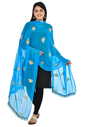 Image of YOUTHQUAKE Golden Patti Embroidered Work Chiffon Dupatta for Womens & Girls with Jaalar Lace