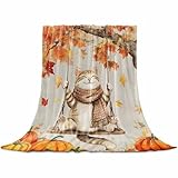 DecorLovee Fall Cat Blanket 30"x40", Reversible Thanksgiving Cute Throw Blanket for Couch/Bed, Orange Maple Leaf Pumpkins Lightweight Soft Throw Blankets for Kids, Warm Fuzzy Blankets for Winter