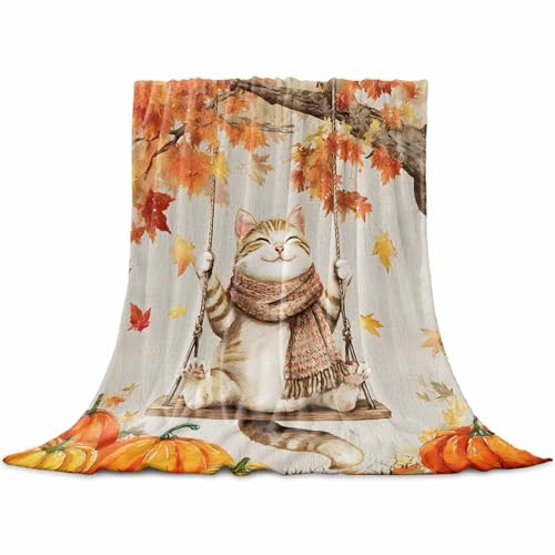 DecorLovee Fall Cat Blanket 30"x40", Reversible Thanksgiving Cute Throw Blanket for Couch/Bed, Orange Maple Leaf Pumpkins Lightweight Soft Throw Blankets for Kids, Warm Fuzzy Blankets for Winter