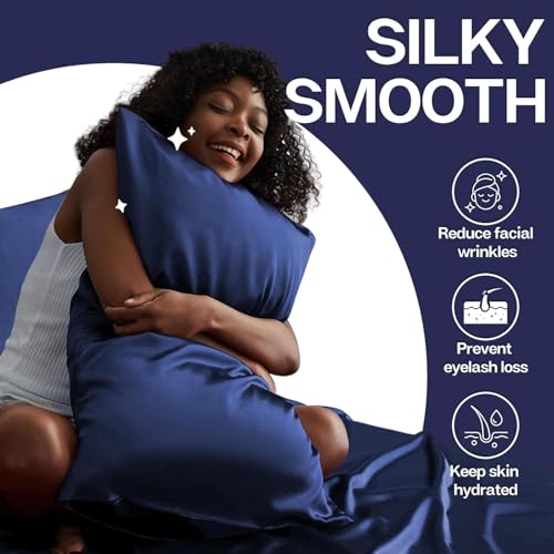 Image of SKVM Satin Silk Pillow Covers Set of 4 for Hair and Skin scrunchies Set for Women 3-Pieces Pillowcase Soft Breathable Smooth Sleeping Envelope Closure Cover Bed Anti Frizz 18 inchX 28 inch (4, Navy Blue)