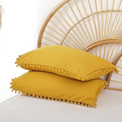 YIRDDEO Full Size Comforter Sets - Full Size Comforter with Ball Pom Fringe, Soft Bedding Set for All Seasons - 3 Pieces, 1 Comforter (79"x90") & 2 Pillow Shams(20"x26"), Mustard Yellow