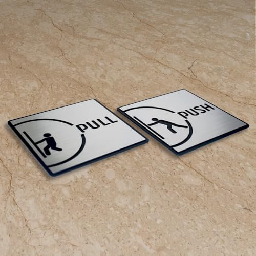 Image of PUSH PULL Brushed Silver Black Room Sign 6 INCH * 6 INCH Self-Adhesive Sign for Business Office Corporate Hotel Company Factory Club Commercial Malls.