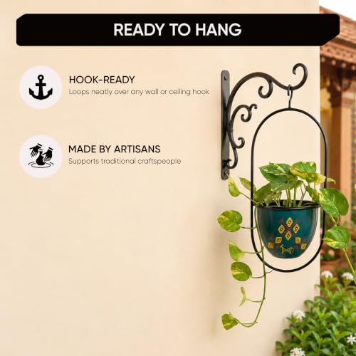 Image of AAKRITI ART CREATIONS Metal Hanging Planter | Handpainted Planter, Modern Art, Blue Glossy Finish | Outdoor & Indoor Home Decor Items | Room Decoration Artifacts, Flower Pots for Living Room