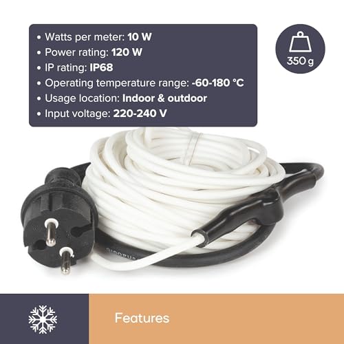 Perel Frostschutz-Heizkabel für Wasserrohre, mit Thermostat, für innen und außen, IP68, 12 m