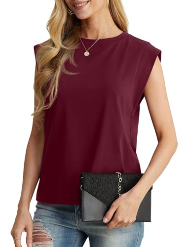GRECERELLE Camisetas de algodón para mujer, mangas casquillo, ajuste holgado, básicas, para mujer, para comodidad casual, cuello redondo, camisetas de verano, rojo vino, L