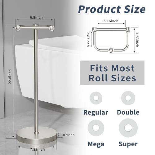 Image of RARXTR Toilet Paper Holder Stand, Post Pivoting Design Free Standing Toilet Paper Holder, SUS304 Stainless Steel Toilet Paper Roll Holder, Heavy Stable Base (Brushed Nickel)