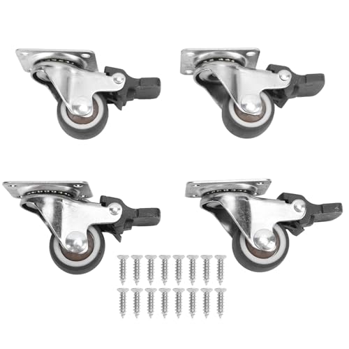 4個の小型キャスターホイール 直径1インチ スチールゴム回転ロックブレーキプレートキャスター 家具用ネジ16本付き