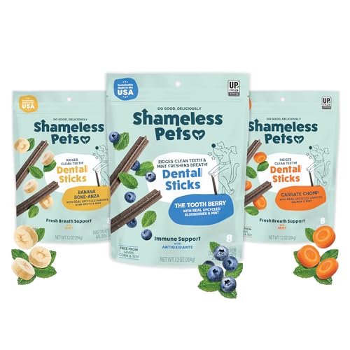 Shameless Pets Dental Chews for Dogs, Variety (3-Pack) - Natural Dog Teeth Cleaning Treats with Fresh Breath Benefits | Grain-Free Dental Sticks for Small, Medium & Large Dogs