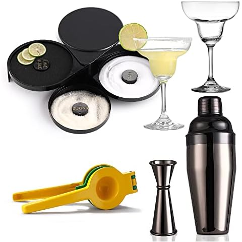 Margarita Kit - Set of 2 Margarita Glasses (8.5oz), 3-Tier Salt Rimmer, Stainless Cocktail Shaker & Jigger, Citrus Squeezer - Margarita Set Cover