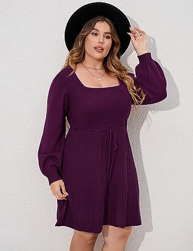 Image of Women's Plus Size Casual Sweater Dress Square Neck Long Lantern Sleeve Tie Waist Loose Pullover Sweater Dresses