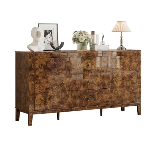 LUXOAK 60'' High Gloss Burl Wood Buffet Sideboard, Storage Cabinet with 3 Drawers & 2 Closed Cabinets, Modern Buffet Table for Dining Room,Living Room, Dark Brown Burl