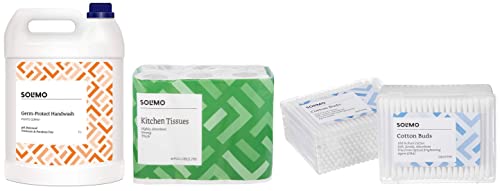 Image of Amazon Brand - Solimo Germ-Protect Handwash Liquid, 5 Litre & Cotton Ear Buds with Paper Stem - 200 Sticks (Pack of 2) & 2 Ply Kitchen Tissue /Towel Paper Roll - 6 Rolls (60 Pulls Per Roll)