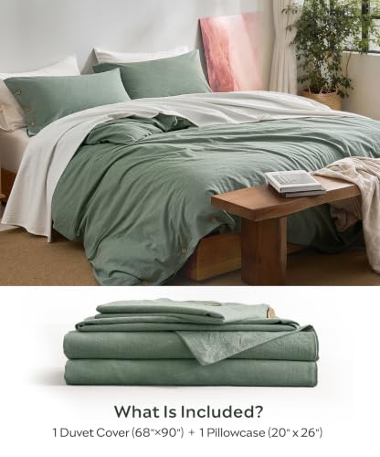 Image of JELLYMONI 100% Washed Cotton Green Duvet Cover Twin, Linen-Like