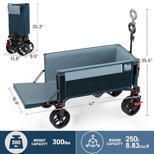 Image of Timber Ridge 47 inch L Collapsible Wagon with Tailgate & Brake, 300 lbs Heavy Duty Beach Wagon with All-Terrain Big Wheels, 250L Foldable Utility Cart for Sand Camping Sports Shopping, Blue