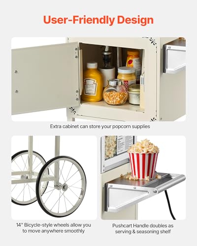 Image of VEVOR Popcorn Machine with Cart, 8oz Stainless Steel Kettle, 800W Commercial Popcorn Maker, 48 Cups per Batch Theater Style Popper, with 2-Button Control Glass Wall PC Door 1 Scoop 3 Spoons, White
