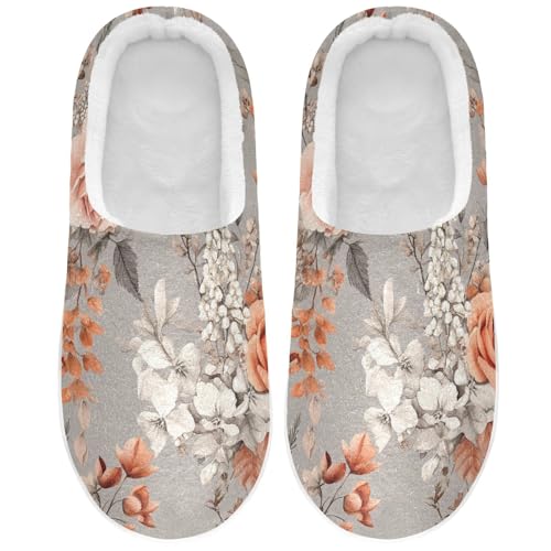 JUNZAN Fall Flowers Rose Sage Grey Mens Cotton Slipper Non Slip Memory Foam Indoor Slippers for Hospital Christmas Presents 6-7