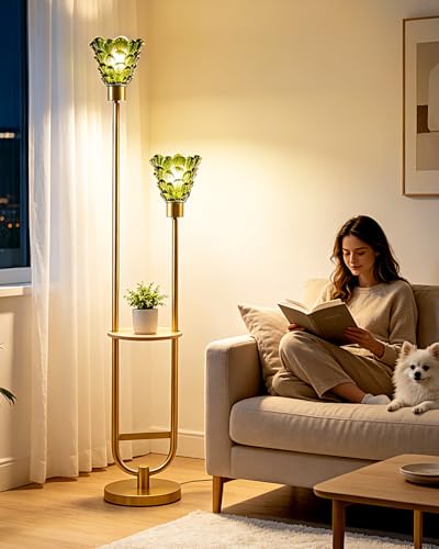 Image of Modern Glass Floor Lamp with Storage Table 2-Lights Gold Standing Tall Lamps with Green Glass Shade for Wedding /Party,LED Floor Lamp for Living Room Bedroom Home Decor (Bulbs Included)