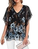 VAFOLY Frauen Blumen Blusen Elegante Chiffon Oberteile fur Hochzeitsgäste Sommer Tunika-Bluse Locker Doppellagig Fledermausärmel Damen Blusen fur Die Arbeit Professionell Multicolor Schwarz XXL