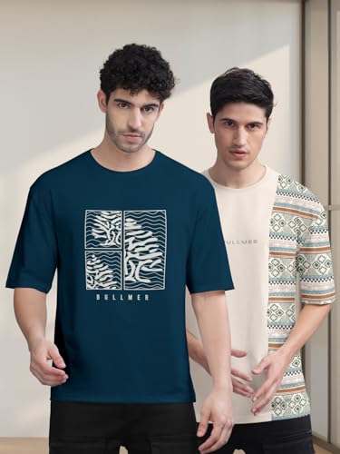Image of BULLMER Trendy Front and Back Printed Oversized Round Neck T-Shirt for Men - Pack of 2