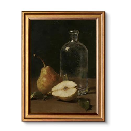 Image of VIYYIEA Vintage Gold Framed Wall Art for Living Room, Fruits Canvas Prints Home Decor, Oil Painting Picture, Bedroom Wall Decor Gifts for Friends or Family -【Pear by the Bottle】-(16L x 12W)
