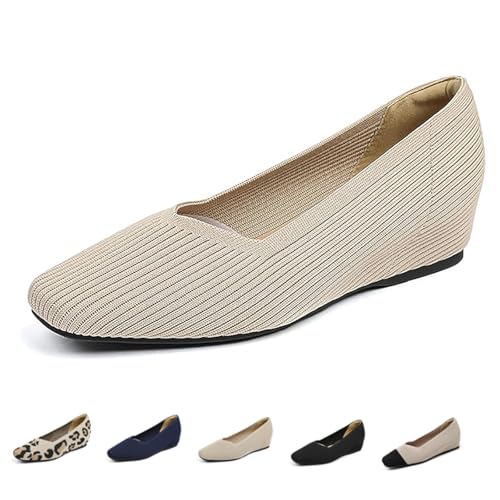 Women's Square Toe Ballet Flats - Slip On Knit Comfortable Ballerina Shoes, Casual Soft Walking Flats for Work & Dress