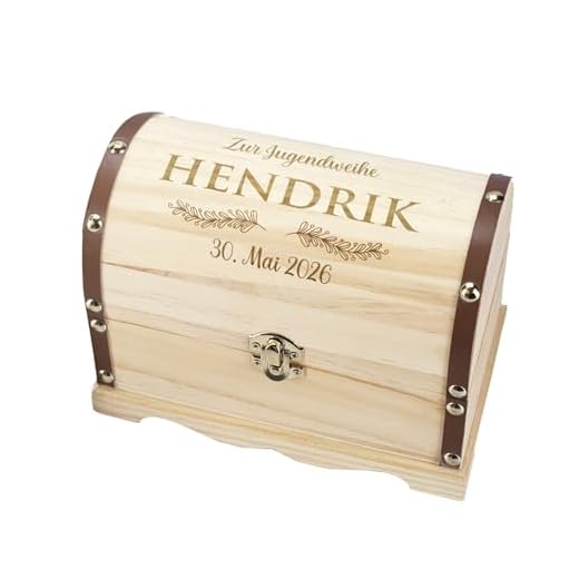 Herz & Heim® Personalisierbare Schatztruhe aus Holz mit Gravur – Geschenkbox mit Wunschtext – 3 Größen – Truhe für Geldgeschenke, Erinnerungen & mehr (S)