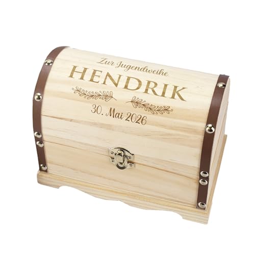 Herz & Heim® Personalisierbare Schatztruhe aus Holz mit Gravur – Geschenkbox mit Wunschtext – 3...