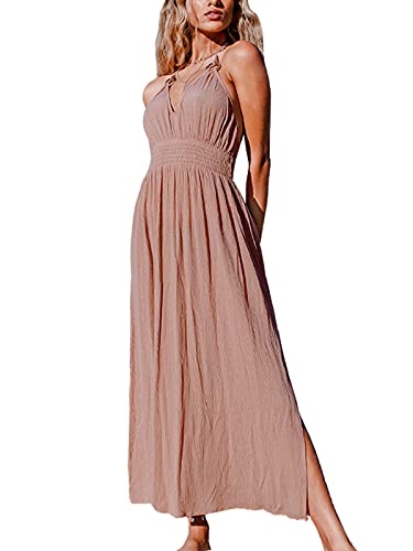 CUPSHE Women s Khaki Halter V Neck Ruched O Ring Elastic Waist Backless Maxi Dress XL