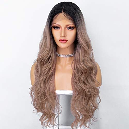 Persephone Pink Lace Front Wig with Dark Roots Long Wavy Rose Gold Ombre Wig Rose Blonde Synthetic Wigs for Women Heat Resistant 22 Inches