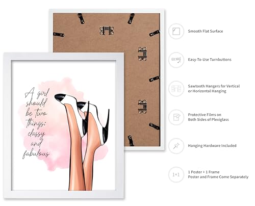 Image of Poster Master Classy And Fabulous Poster - Fashion Print - Positive Quote Art - Trendy Art - Modern Art - Gift for Women & Fashionista - Wall Decor for Bedroom or Girl's Room, 8x10 White Framed