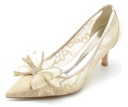 Minishion Womens Slip on Wedding Shoes Lace Pointed Toe Evening Formal Pumps with Bows BR047