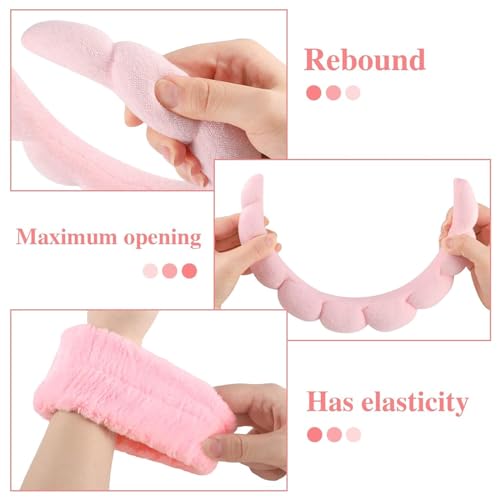 Image of 1Pcs Facial Spa Headband 2Pcs Wristband Combo Set, Pink Makeup Headband and Wrist Washband Set for Face Washing, Skincare, Shower, Makeup Removal