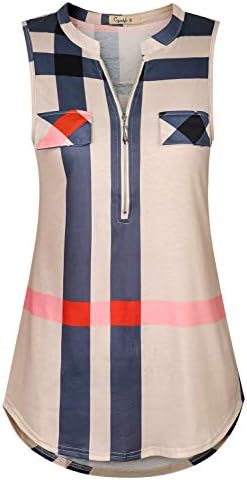 Cyanstyle Sleeveless Tops for Women Women's Zip up V Neck Sleeveless Summer Business Casual Wear Striped Tunic Tank Top Blouses and Shirts with Chest Flaps Apricot Plaid S