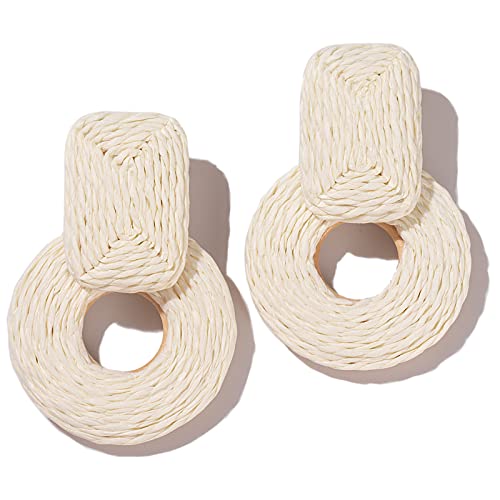 White Boho Statement Raffia Drop Earrings Summer Beach Big Fun Jewelry by Lorsoilyn - Used condition - US$7.78