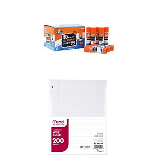 Elmer's All Purpose School Glue Sticks, Washable, 30 Pack, 0.24-ounce sticks and Mead Filler Paper, Loose Leaf Paper, Wide Ruled, 200 Sheets/Pack (15200) Bundle